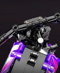 Motorcycle Building Block Set With 476 Pieces, close-up of handlebars and shock absorbers, detailed plastic brick model