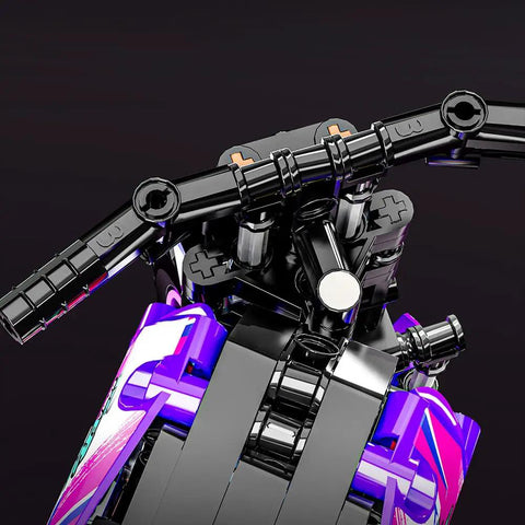 Motorcycle Building Block Set With 476 Pieces, close-up of handlebars and shock absorbers, detailed plastic brick model