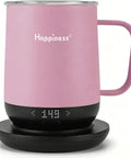 Smart Electric Heated Coffee Mug With Precision Temperature Setting And Rechargeable Coaster To Keep Your Daily Brew Piping Hot And Sipping Smooth On The Go 12 Oz Spill Resistant Travel Mug in pink with display.