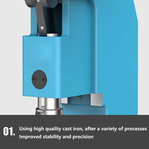Close-up of Heavy Duty Cast Iron Manual Arbor Press For Metal Stamping And Bench Top Forming Two Thousand Pound Capacity Punching Machine showing smooth lever action.