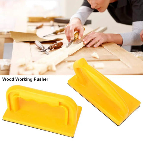 Safety Push Block For Woodworking Pro Grade 2 Pack With Oblique And Straight Design next to woodworking tools on table