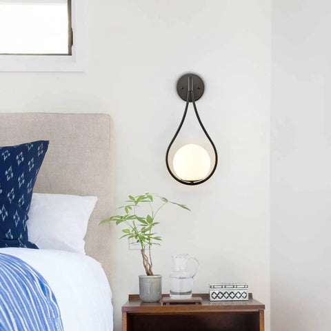 Mid Century Globe Wall Sconce Light With Brass Finish Modern Vanity Wall Lamp Opal Globe Glass 8.26 Inch Diameter 18.1 Inch Height Sleek Minimalist Drop Style Elegant Bedroom Living Room Accent Lighting