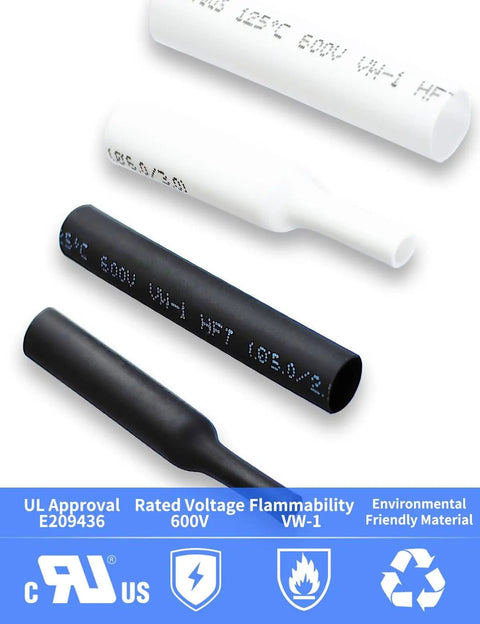 Heat Shrink Tubing Kit 2 To 1 Shrink Ratio For Electrical Wires Automotive Electronics, black and white tubing shown