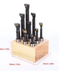 Three Eighths Inch Boring Bar Set Nine Piece with carbide tips in wooden base, multiple rod lengths visible