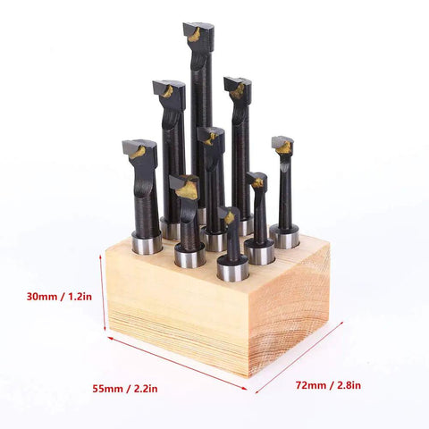 Three Eighths Inch Boring Bar Set Nine Piece with carbide tips in wooden base, multiple rod lengths visible