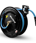 Retractable Air Hose Reel With Auto Rewind And Locking 12 Point Gearing, 3/8 Inch By 50 Foot Next Gen Rubber Hose in black casing