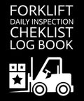 Forklift Daily Inspection Checklist Log Book cover featuring a graphic of a forklift and boxes, in black and white design.