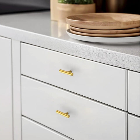 10 Pack Gold Cabinet Knobs 2 Inch Brushed Brass Drawer Knobs Single Hole For Cabinets Doors And Drawers Modern Sleek Design Premium Metal Pulls For Kitchen And Bath Easy Install Durable Hardware on white drawer fronts