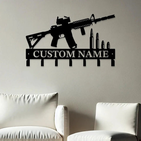 Custom Name Gun Themed Wall Hooks For Keys And Coats, Metal Gun Lover Home Decor, personalized name sign with rifle silhouette