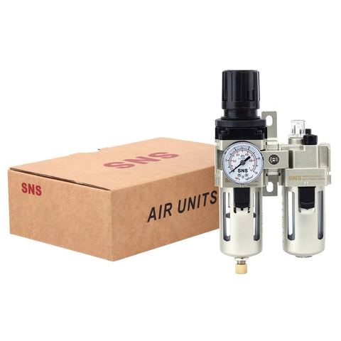 Dual Unit Quarter Inch NPT Pro Grade Compressed Air Filter Regulator Lubricator Combo With Gauge And Bracket Semi Auto Drain