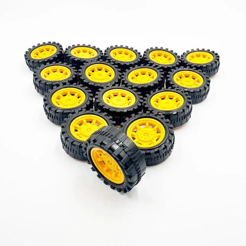 20Pcs 34mm Toy Car Wheels With 10Pcs 2mm Shafts And 100mm Axles For RC Cars Trucks And DIY Robots displayed in a triangle