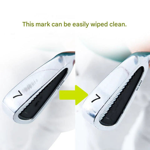 Heavy Duty Golf Club Lie Board For Range Practice With Swing Indicators Pro Grade Protects Clubs On Mats Delivers Accurate Feedback On Shaft Angles For Irons And Wedges Ideal For Driving Range Trainers And Home Practice showing temporary mark on a golf club before and after cleaning.