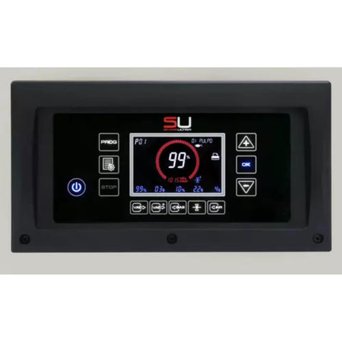 Workhorse Double Chamber Vacuum Packing Sealer Built Tough For Heavy Duty Kitchen Work Featuring Dual 26 Inch Sealing Bars Bluetooth Connectivity Touchscreen Display And Nitrogen Gas Flushing LCD control panel with digital display and buttons.