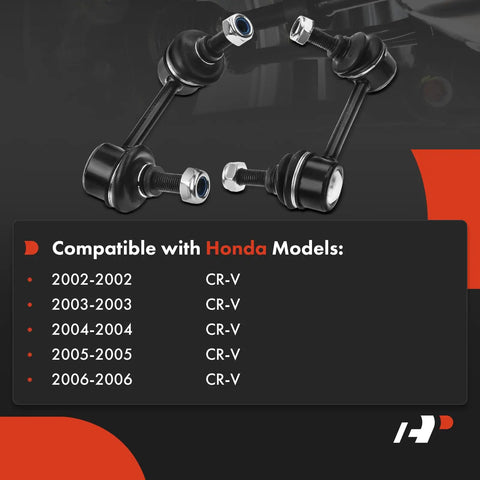 Image of Honda CRV Rear Sway Bar Links Stabilizer Kit Set Of Two For 2002 2003 2004 2005 2006 Easy Installation Includes Rear Left And Right Sway Bar Links For Stable Handling shown with compatibility list for CR-V models.
