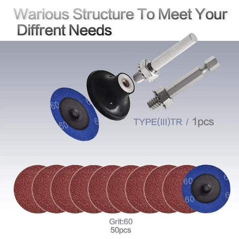2 Inch Quick Change Sanding Discs Set For Die Grinder With 1/4 Inch Holder Aluminum Oxide A/O Abrasives P60 Grit 50 Pcs shown