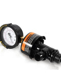 Air relief valve with gauge for Pentair pool filters; black plastic housing, orange warning label, front view.