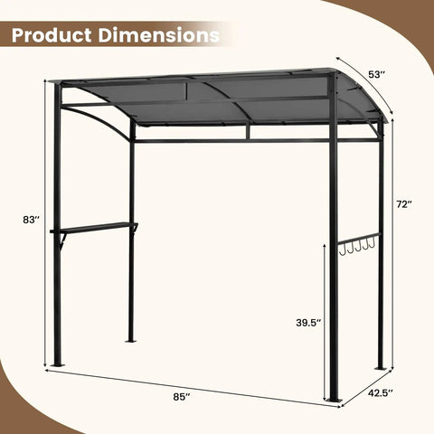 7 Foot Grill Gazebo With Serving Shelf And Storage Hooks Curved Canopy Shelter With Heavy Duty Steel Frame And Sunshade Awning Outdoor Patio BBQ Shelter For Backyard Garden And Epic Patio Parties, side view with dimensions