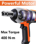 Close-up of 12V Corded Impact Wrench Kit with half inch drive, showing powerful motor and 400 Nm max torque for night repairs.