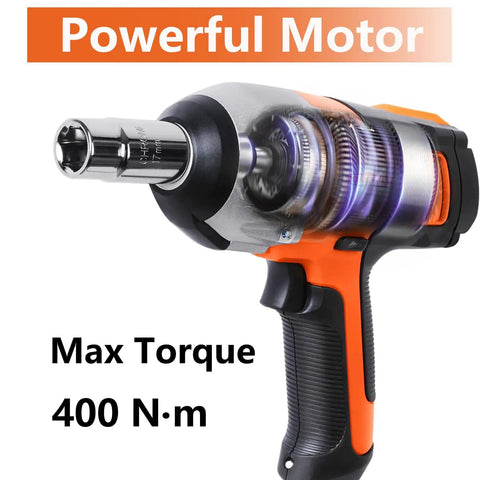 Close-up of 12V Corded Impact Wrench Kit with half inch drive, showing powerful motor and 400 Nm max torque for night repairs.