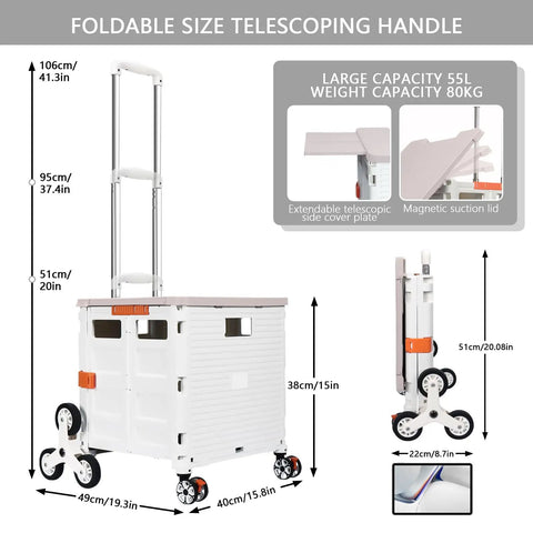 Foldable Utility Cart With Stair Climbing Wheels, Collapsible Rolling Crate With Magnetic Lid And Telescoping Handle, Milky White
