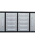 Heavy Duty Steel Tool Cabinet With Ten Locking Drawers and Non Slip Liners, silver finish, robust garage organization.