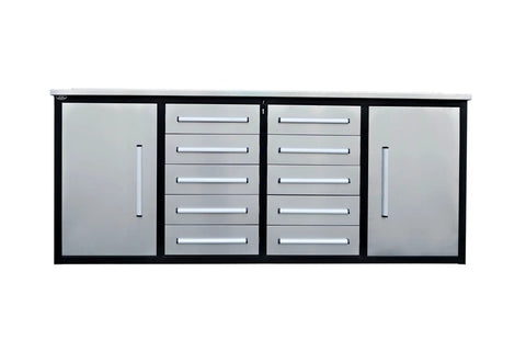 Heavy Duty Steel Tool Cabinet With Ten Locking Drawers and Non Slip Liners, silver finish, robust garage organization.