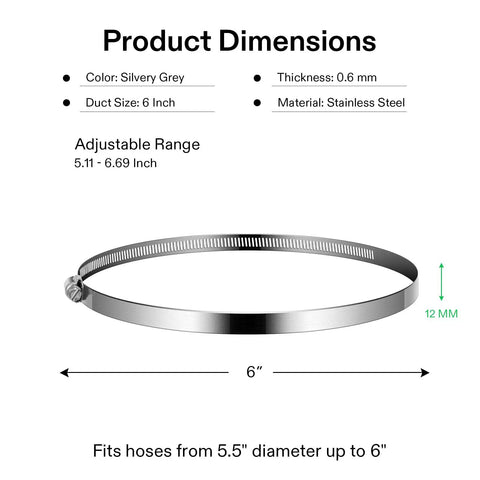 Stainless Steel Adjustable Hose Clamps For Ducting And Ventilation, Worm Drive Clamps 5.11 To 6.69 Inch Range
