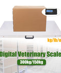 Hella Heavy Duty Digital Pet Scale 660 Lb Capacity Stainless Steel Platform showing a box on it in a warehouse setting.