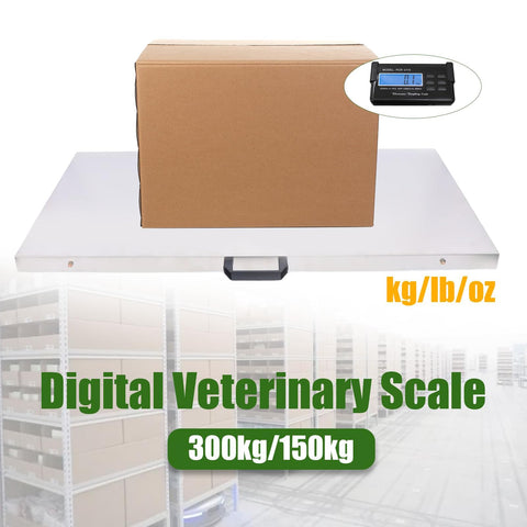 Hella Heavy Duty Digital Pet Scale 660 Lb Capacity Stainless Steel Platform showing a box on it in a warehouse setting.