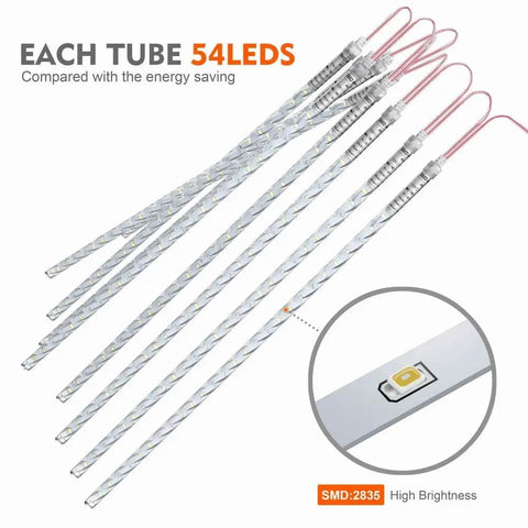 Close-up of Outdoor Meteor Shower LED Lights 540 LEDs Across 10 Tubes 19.7 Inch Waterproof Icicle String Lights with LED detail.