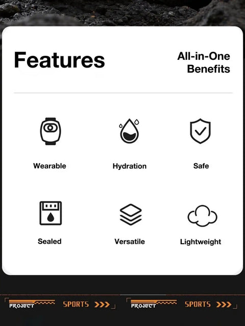 Feature icons for the Wearable Wrist Hydration Bottle For Runners And Outdoor Folks Lightweight 100 500ml Silicone Water Bag Hands Free
