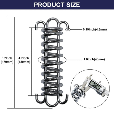 Front view of 2Pcs porch swing springs, stainless steel with end hooks; 0.19 in wire diameter, 6.7 in tall.
