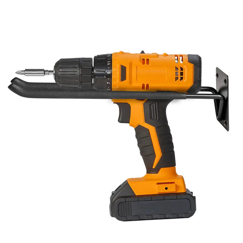 Heavy Duty Garage Tool Hanger Set Two Pack Wall Mount Hooks holding a drill, showcasing sturdy support and easy wall installation.