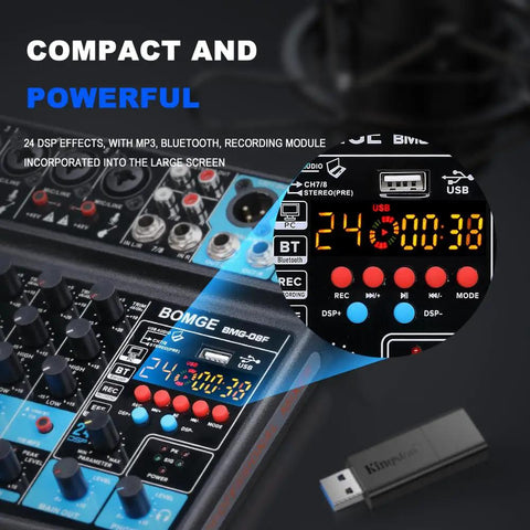 Close-up of eight channel mini audio mixer with 24 DSP effects and screen, USB stick nearby, ideal for small clubs.