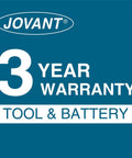 JOVANT® 3 Year Warranty for tool and battery displayed on a blue background with white text.