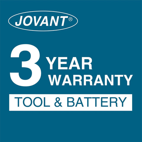 JOVANT® 3 Year Warranty for tool and battery displayed on a blue background with white text.
