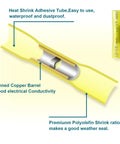 60 Pieces Heat Shrink Butt Connectors for 12 to 10 AWG Wiring Insulated Waterproof Marine and Automotive Connectors with Pro Grade Tinned Copper Barrel and Polyolefin Tubing Built for Durability Yellow close-up illustration