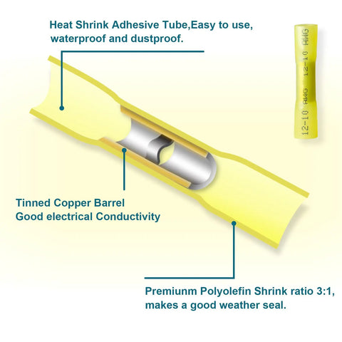 60 Pieces Heat Shrink Butt Connectors for 12 to 10 AWG Wiring Insulated Waterproof Marine and Automotive Connectors with Pro Grade Tinned Copper Barrel and Polyolefin Tubing Built for Durability Yellow close-up illustration