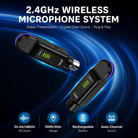 2.4GHz Wireless XLR Mic System With Plug-And-Play Setup, Auto Pairing, Ultra Low Latency, 48V Phantom Power shown with features