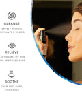 Avenova eyelid and eyelash cleanser spray bottle, 20 ml, being sprayed near a closed eye.