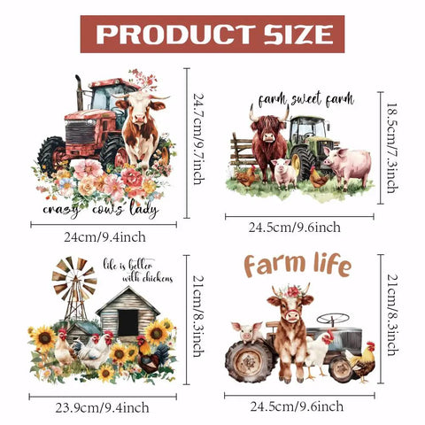 Farm Animal Iron On Transfers Set For T Shirts And Hoodies Cows Pigs Chickens With Barnyard Motifs Like Tractor And Windmill