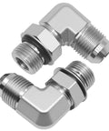 Heavy-Duty Hydraulic Elbow Adapter 3/8 JIC 37 Degree to 3/8 SAE ORB 90 Degree Male Threads JIC to ORB Converter Pro-Grade 2-Pack for SAE J514 J1926 Hydraulic Systems Ideal for High-Pressure Shop Farm and Industrial Rigs. Two silver 90-degree hydraulic elbow fittings with male threads