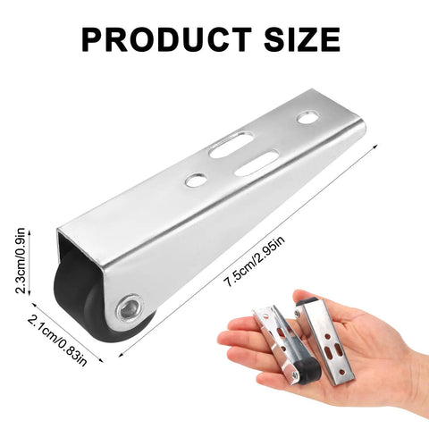 Eight Tough Little Casters With Slick Rolling Track Rollers For Sliding Doors And Furniture Fix Ups Includes Stainless Steel bottom wheels size details with a hand for scale.