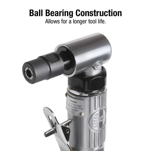 One Quarter Inch Drive Mini Right Angle Air Die Grinder Kit With Built In Speed Regulator, Safety Throttle, Ball Bearing Construction