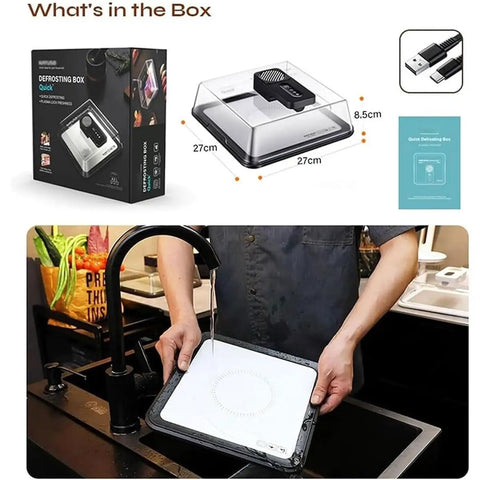 Electric Smart Defrosting Tray With Clear Visual Lid And Usb Power For Lightning Fast Meat Thawing High Conductivity Aluminum Base shown with water faucet, 27x27cm size.
