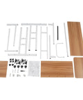 Effortless Folding Standing Desk With Smooth Rolling Casters And Tilted Writing Panels For Total Flex Work From Home Setup Featuring Quick Height Adjustments In Modern Light Walnut And White parts laid out for assembly.