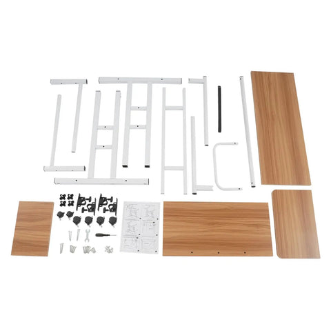 Effortless Folding Standing Desk With Smooth Rolling Casters And Tilted Writing Panels For Total Flex Work From Home Setup Featuring Quick Height Adjustments In Modern Light Walnut And White parts laid out for assembly.