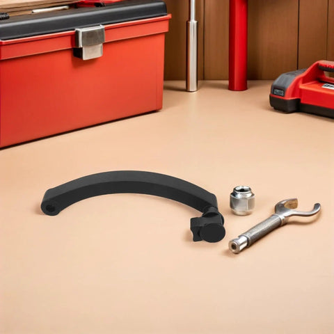 Heavy Duty Tire Balancing Machine Pull Handle Made From Quality Tough Black Plastic For Sweet Dynamic Calibration And Slick Wheel Adjustment Operations on a workbench.