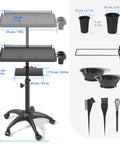 Hairstylist Rolling Cart For Salon Pros With Secure Storage Platform Hair Separator Stand And Color Tray With Dye Bowls And Tools Durable Metal Trolley On Wheels Black, showing dimensions and components.