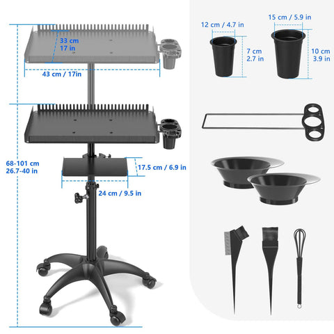 Hairstylist Rolling Cart For Salon Pros With Secure Storage Platform Hair Separator Stand And Color Tray With Dye Bowls And Tools Durable Metal Trolley On Wheels Black, showing dimensions and components.